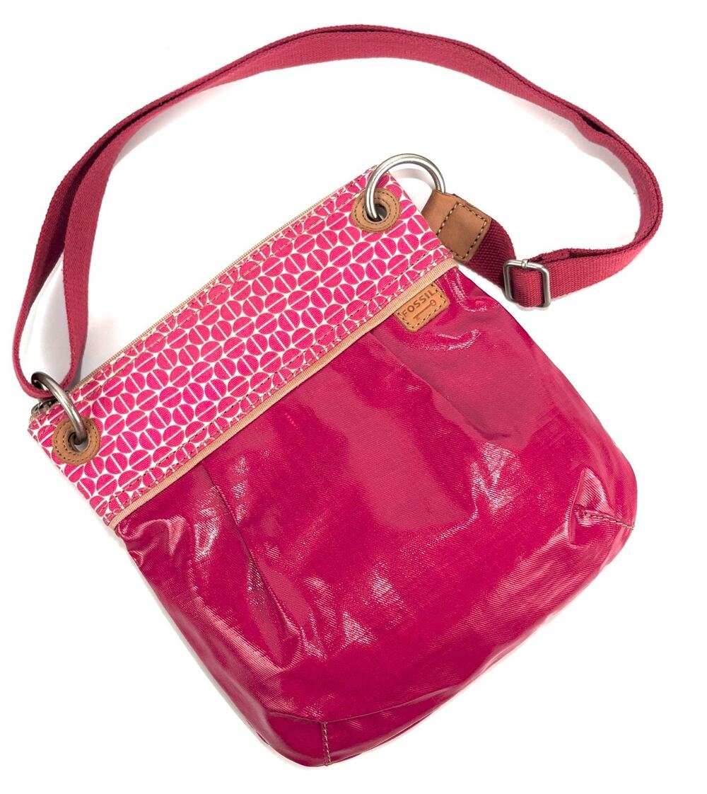 Fossil Crossbody Bag Womens Pink Magenta Purse Coated Canvas Geometric Print Bag